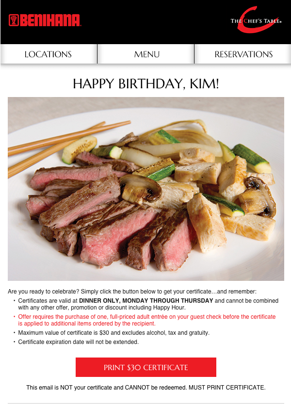 Birthday email example from Benihana